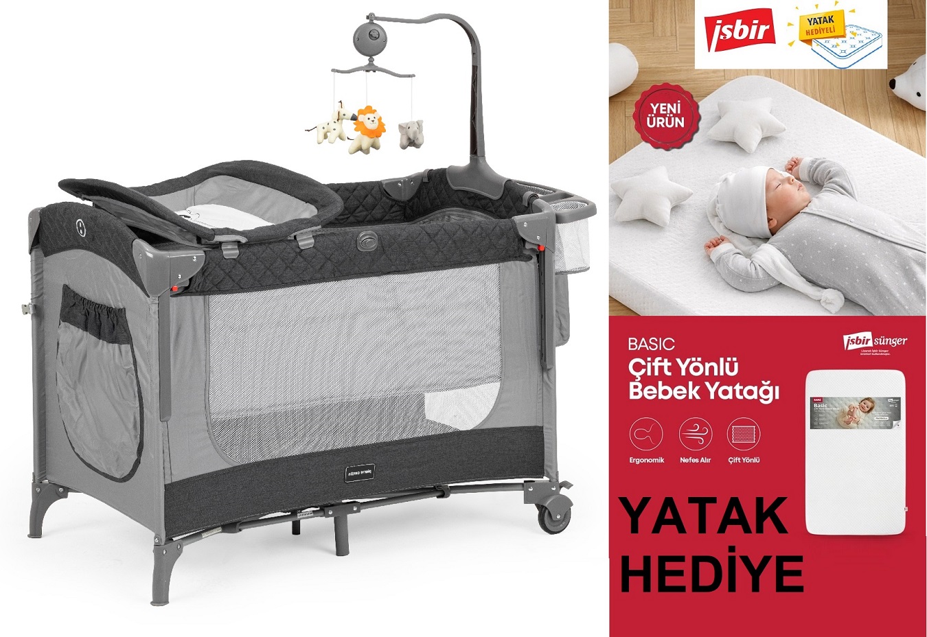 Pierre Cardin Luna Anne Yanı Park Yatak Oyun Parkı Yatak Hediyeli Gri
