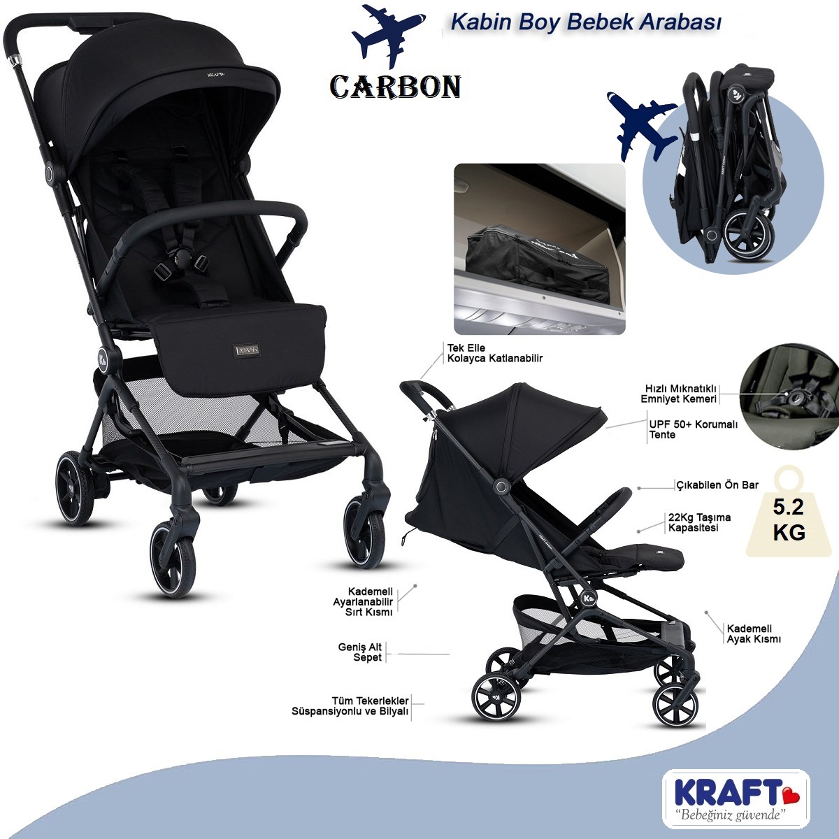 Kraft Carbon Kabin Boy Bebek Arabası Siyah Silver