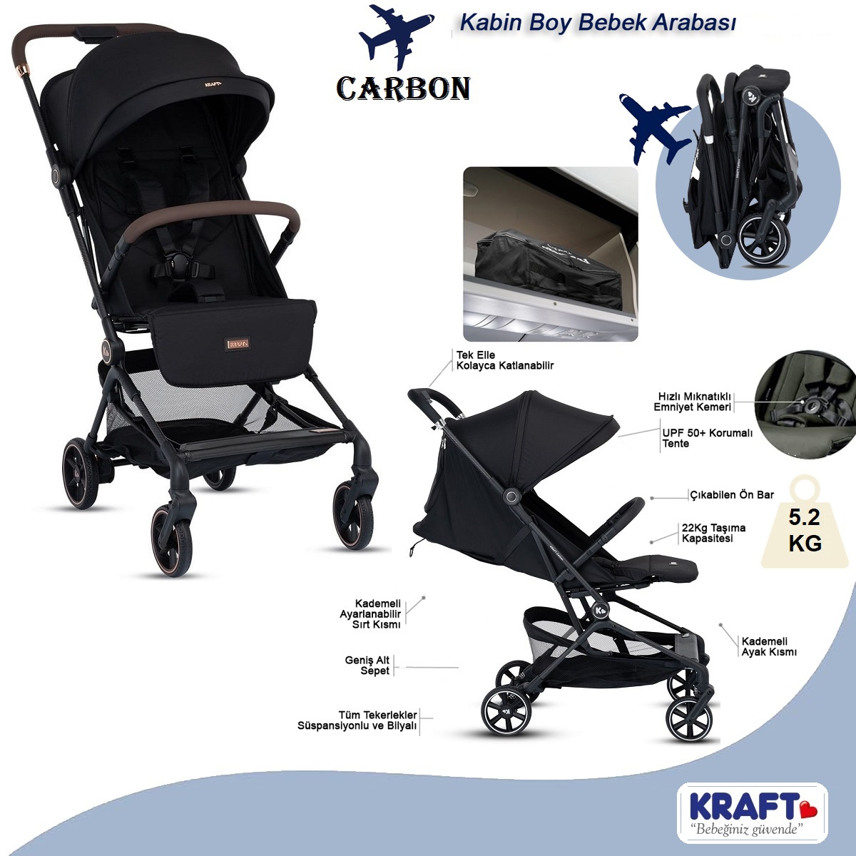 Kraft Carbon Kabin Boy Bebek Arabası Siyah Gold