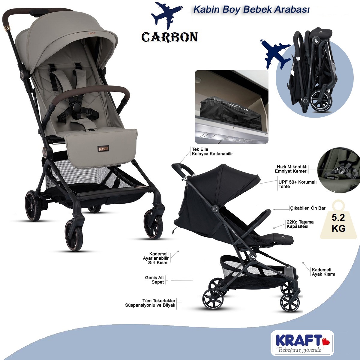 Kraft Carbon Kabin Boy Bebek Arabası Bej Gold