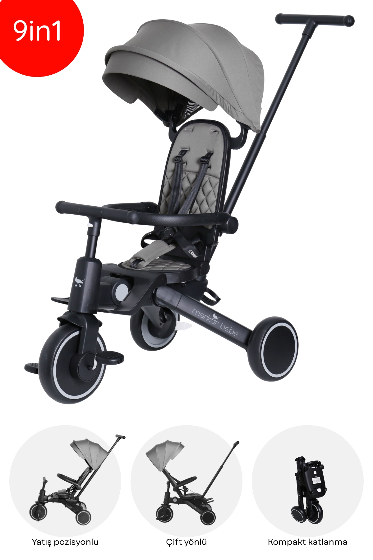 Merkür Bebe HAWK Ebeveyn Kontrollü Katlanabilir Bebek ve Çocuk Bisikleti Gri